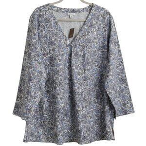 J Jill Non Iron Collection Tunic Top Blouse Shirt Paisley Blue Cream 2X NWT